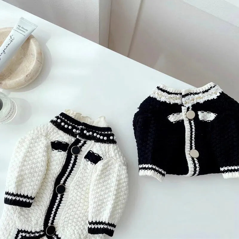 Korean style white pearl collar dog sweater on a small dog, showing the princess style design.