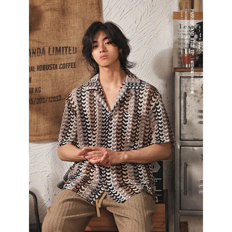 Japanese national style hollow jacquard short sleeve shirt with Cuban collar in grey or red