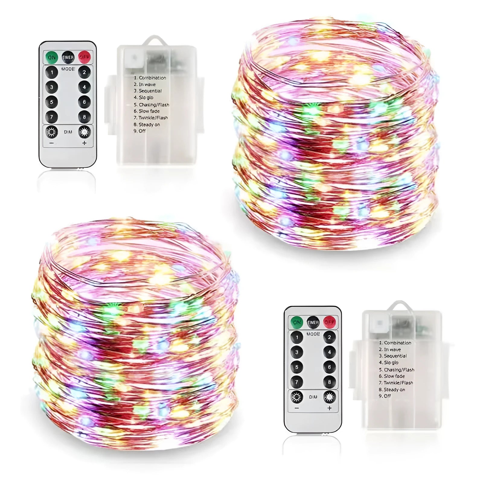12-metre long copper wire LED string lights with 120 bulbs, shown in one of nine available colours.