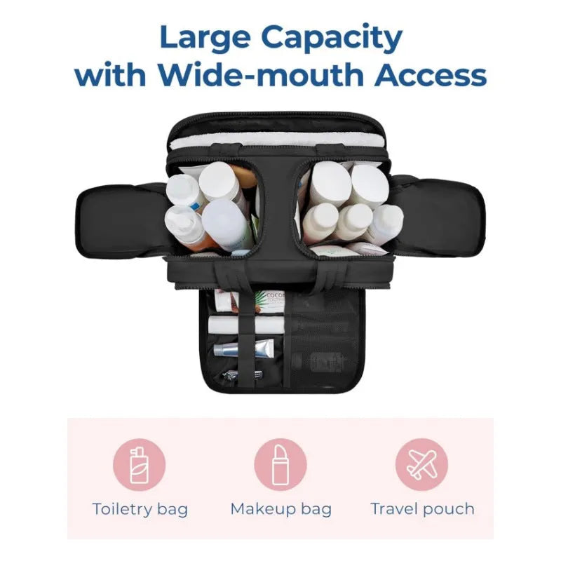 Large travel toiletry bag with wide-open design showing interior storage space