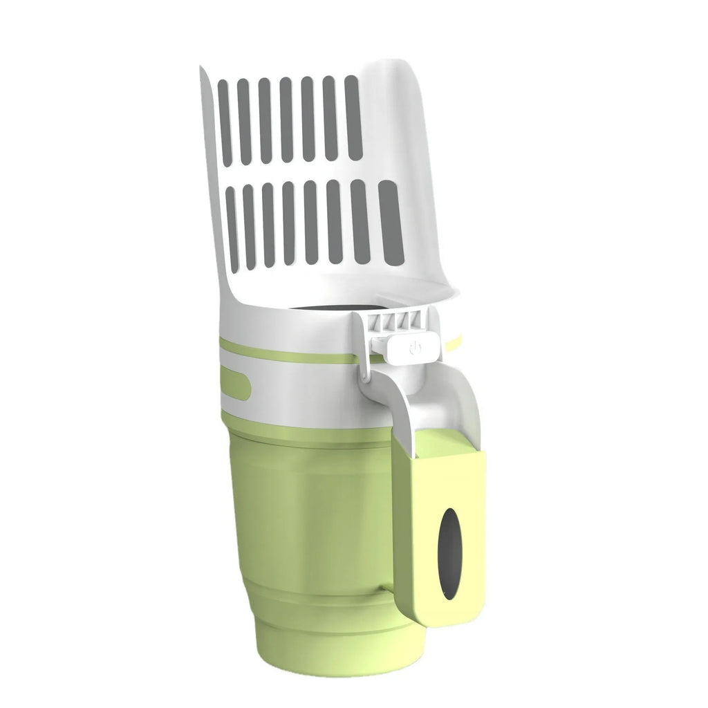 Grey foldable cat litter scoop with built-in waste bin and refill bags for cats and dogs.