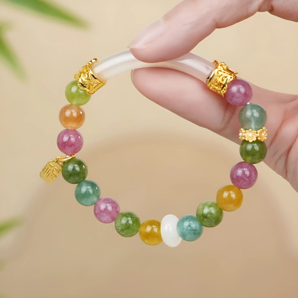 Women's rainbow tourmaline half bracelet with electroplated finish on natural jade pith stones