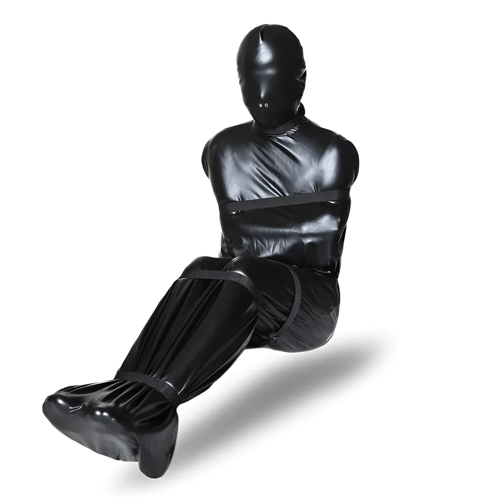 Black patent leather bondage set with nostril clothes and six ratchet tie down straps