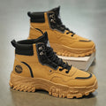 Men's black and yellow artificial PU Martin boots with mid-calf height and injection moulded sole.