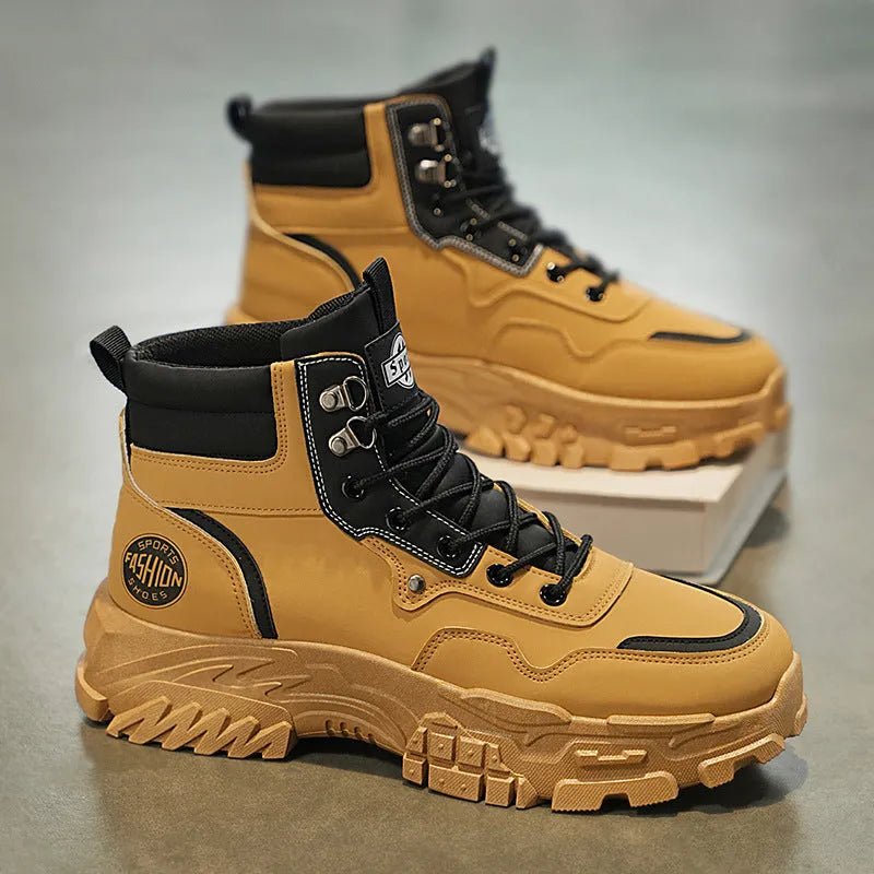 Men's black and yellow artificial PU Martin boots with mid-calf height and injection moulded sole.