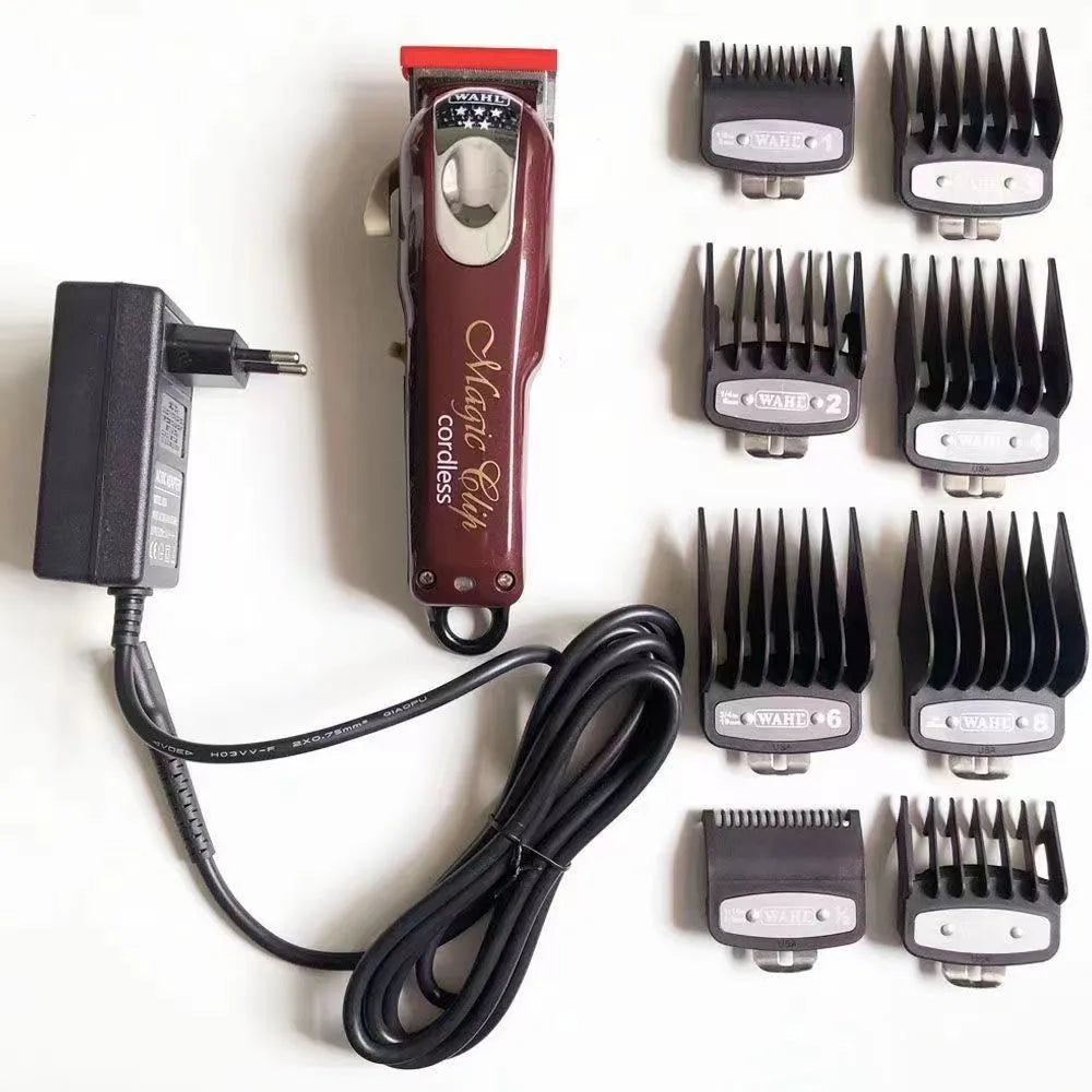 Cordless charging hair clippers set with stainless steel cutter head and EU UK US plug adapters.