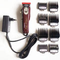 Cordless charging hair clippers set with stainless steel cutter head and EU UK US plug adapters.