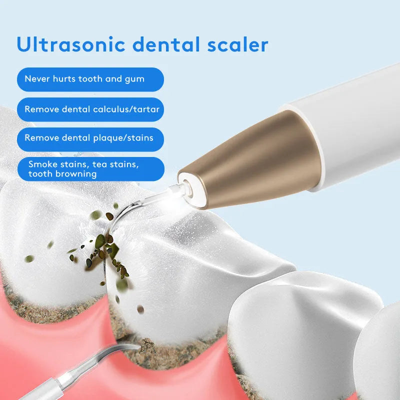 Gold coloured ultrasonic tooth cleaning device with metal scaler tip for tartar and stain removal.
