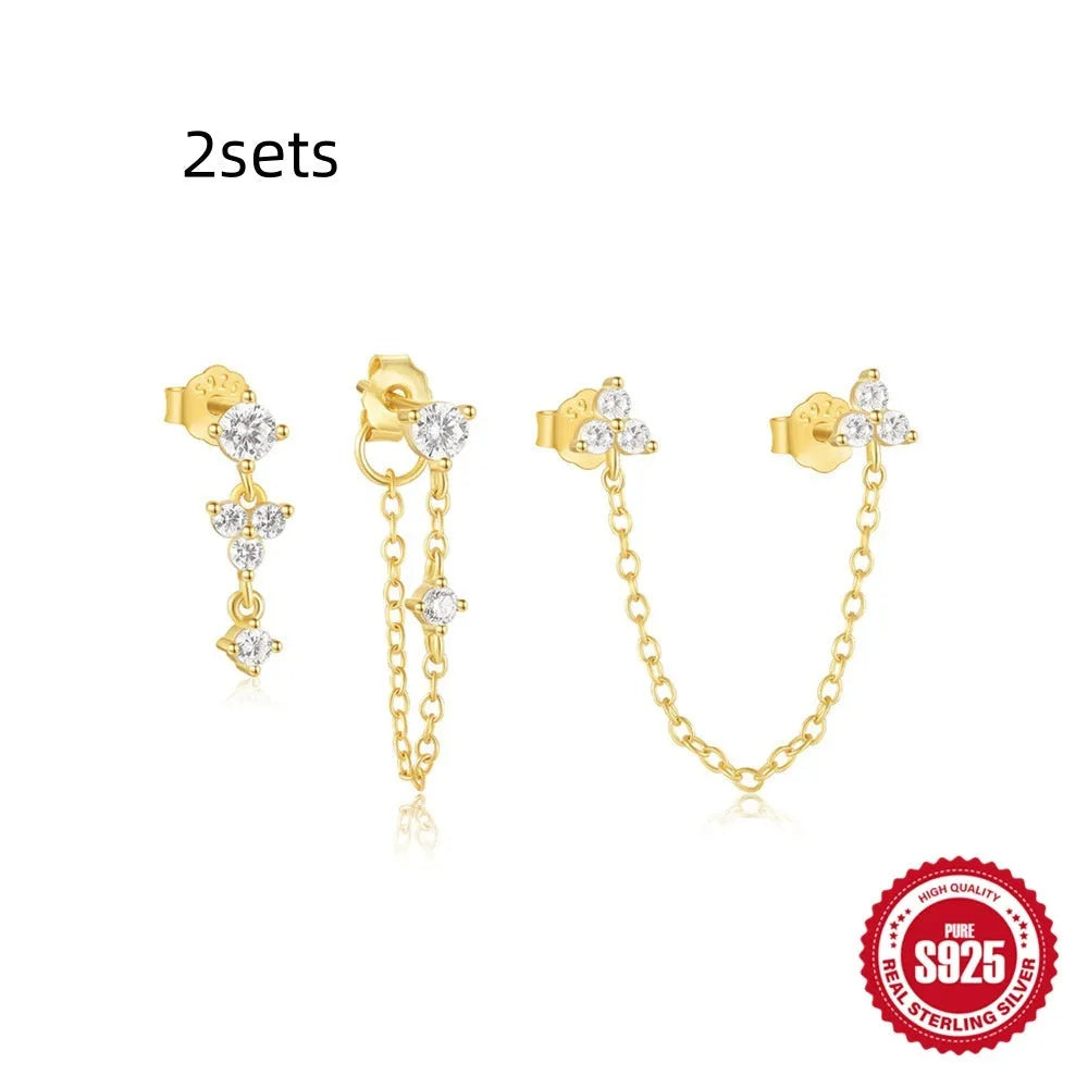 Three geometric zircon tassel stud earrings in S925 sterling silver with gold colour tones