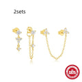 Three geometric zircon tassel stud earrings in S925 sterling silver with gold colour tones