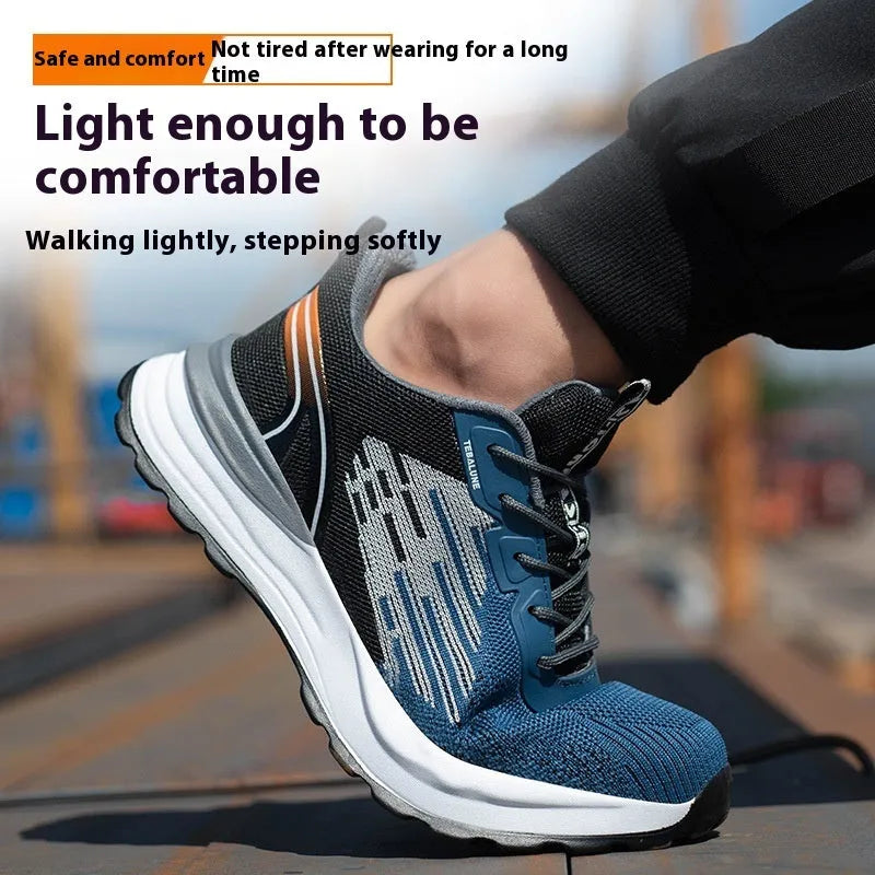 Blue men's lightweight safety work shoes with plastic toe cap and breathable mesh upper