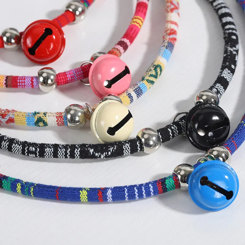 Ethnic patterned adjustable pet collar with bell in multiple colour options