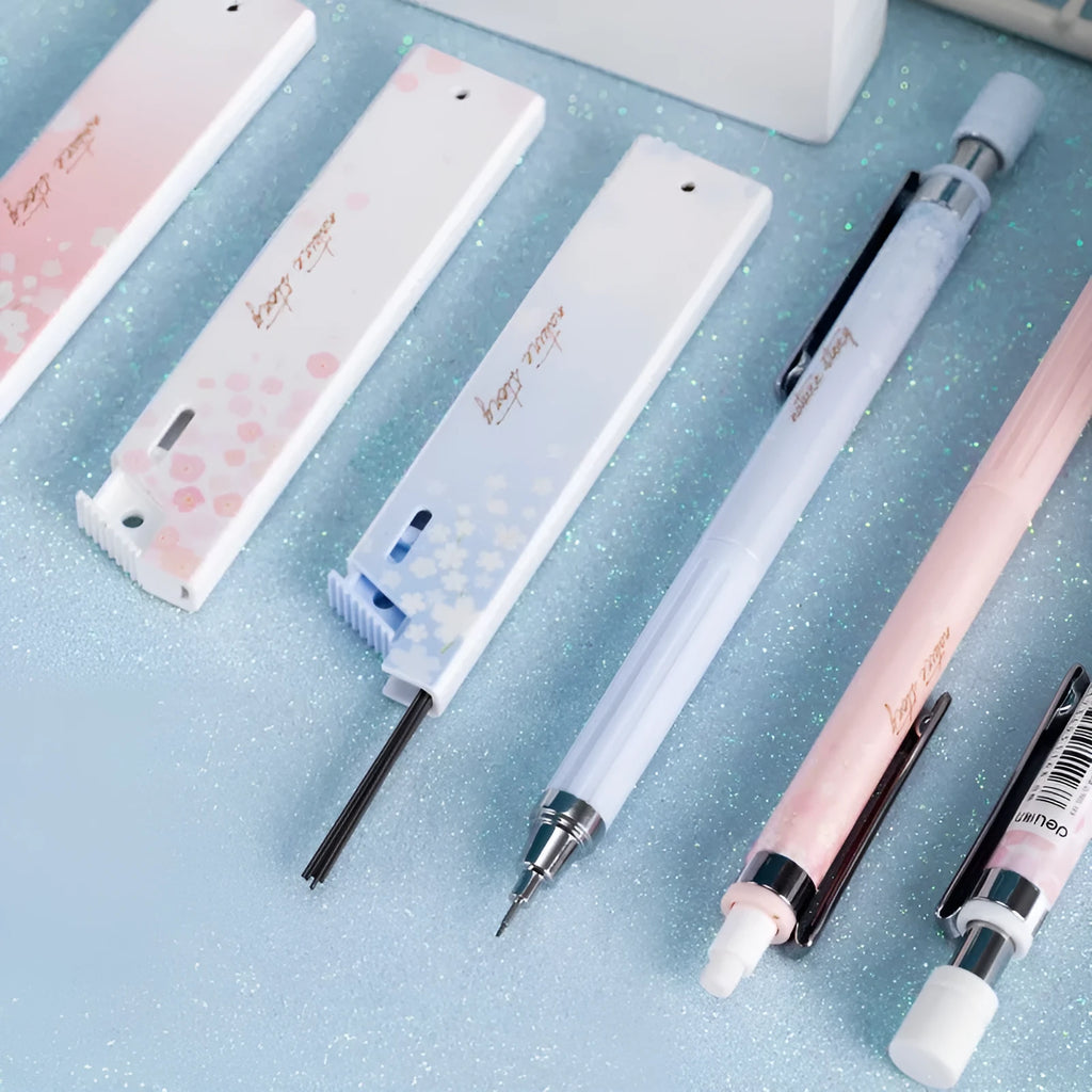 Cartoon automatic pencil set with three pens and HB refill boxes in Sakura law design