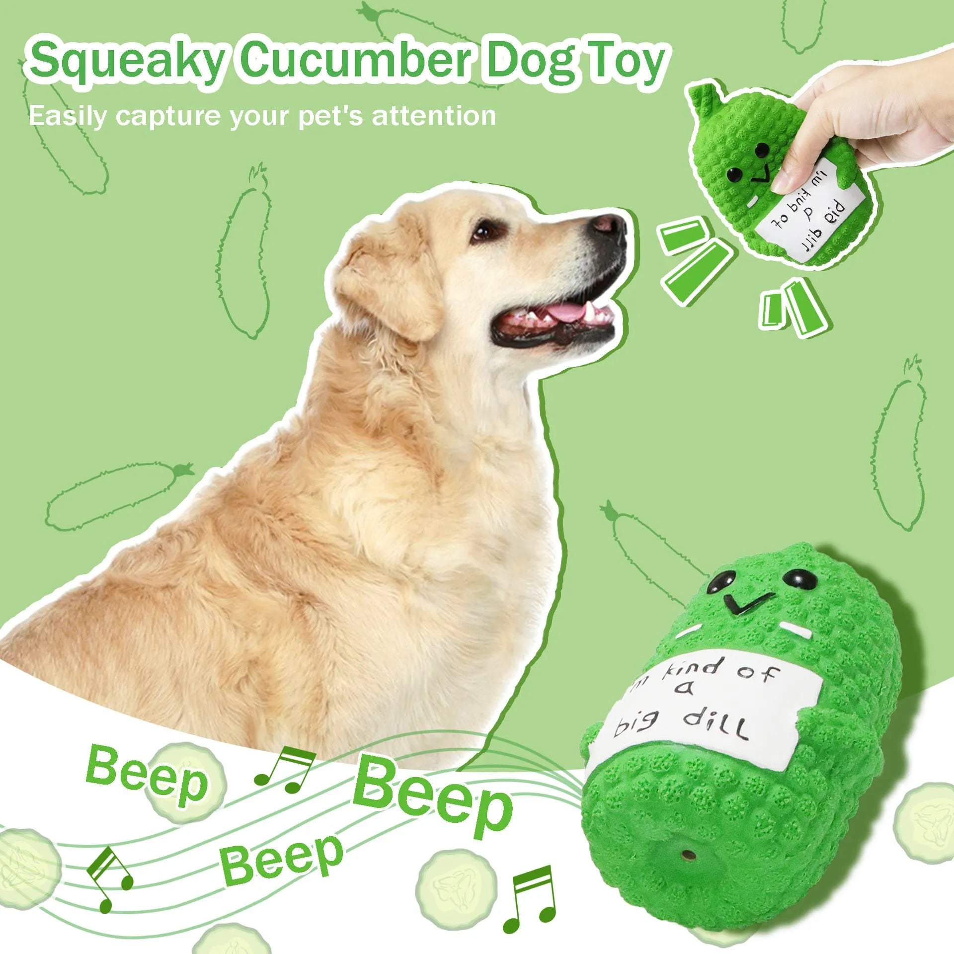 Green pickle-shaped latex dog chew toy with bumpy texture and a squeaker inside.