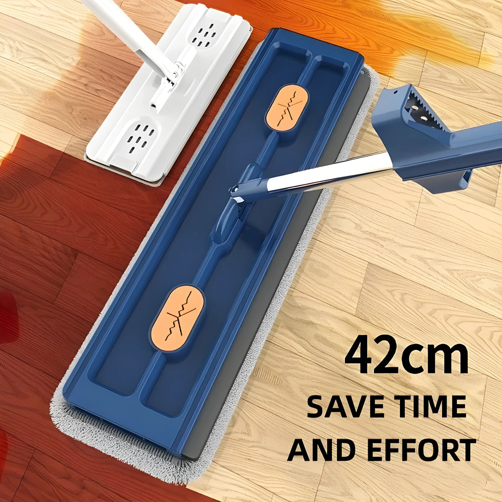 Large flat mop with long stainless steel handle and blue cloth on hard floor