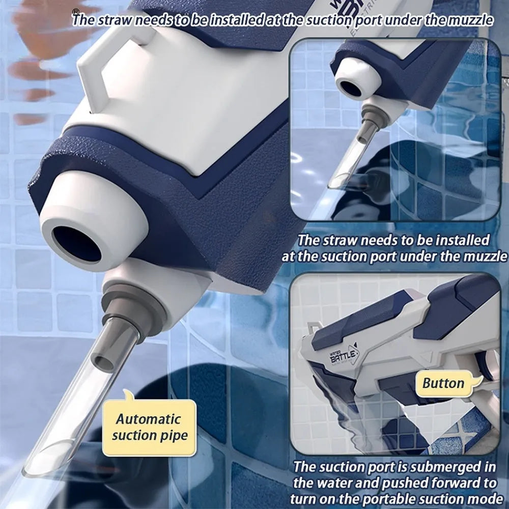 Blue electric water gun with USB charging cable and 55cm length measurement