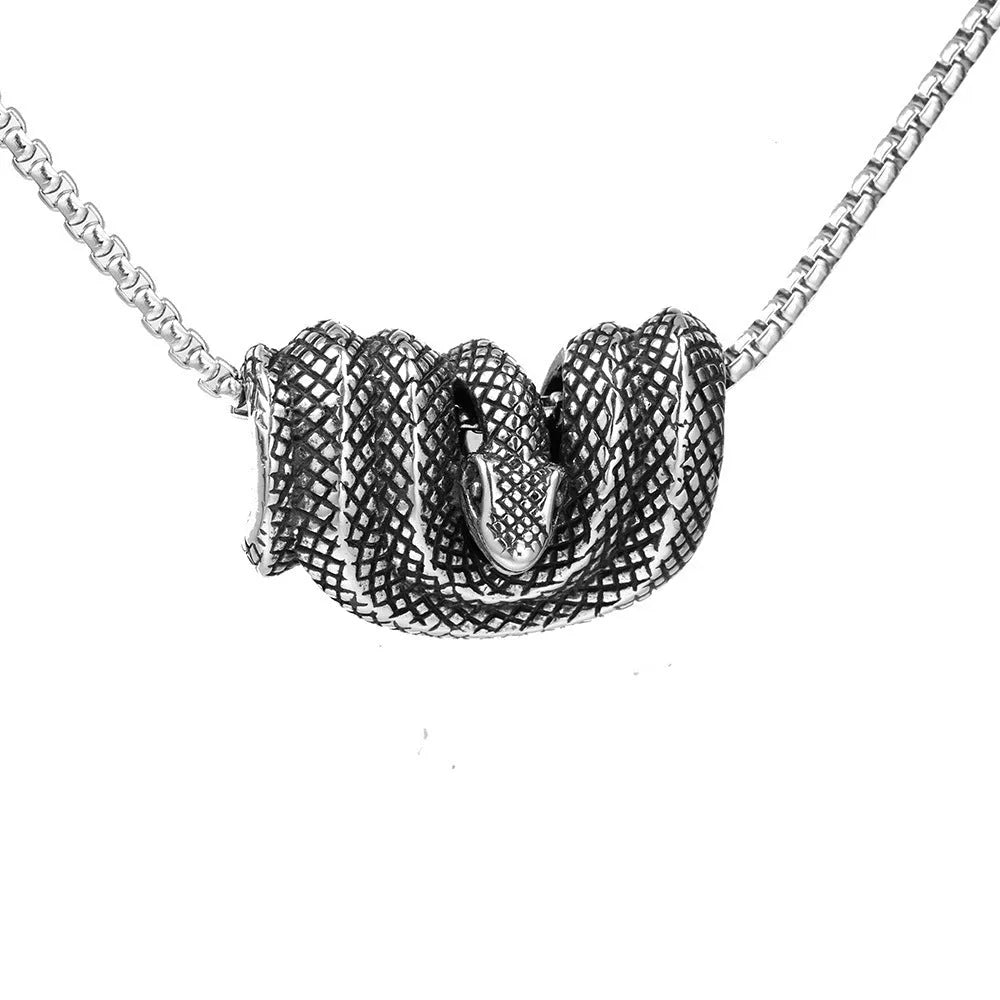 Geometric stainless steel Python pendant necklace in single pendant steel colour on a plain background