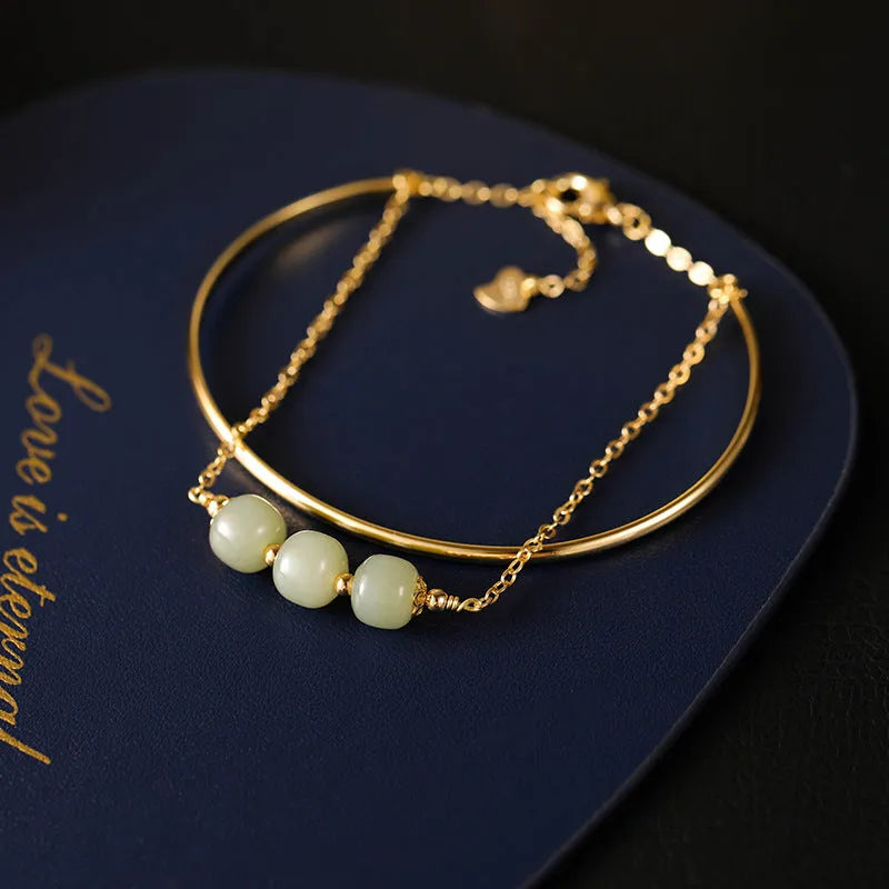 Hetian jade lucky beads bracelet for women with gold inlay treatment