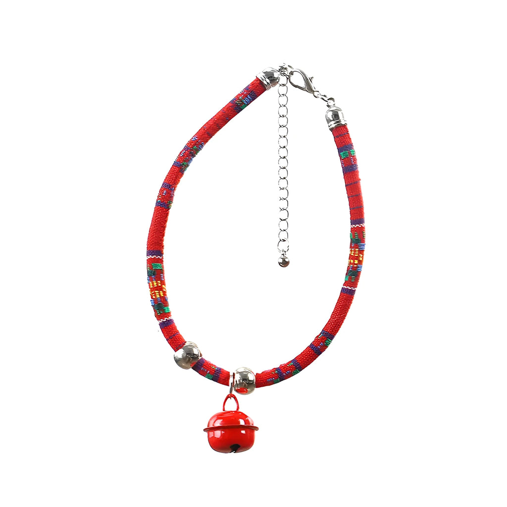 Ethnic patterned adjustable pet collar with bell in multiple colour options