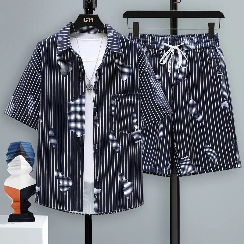 Men's casual polyester shorts two-piece set with short-sleeve top, shown in multiple colours.
