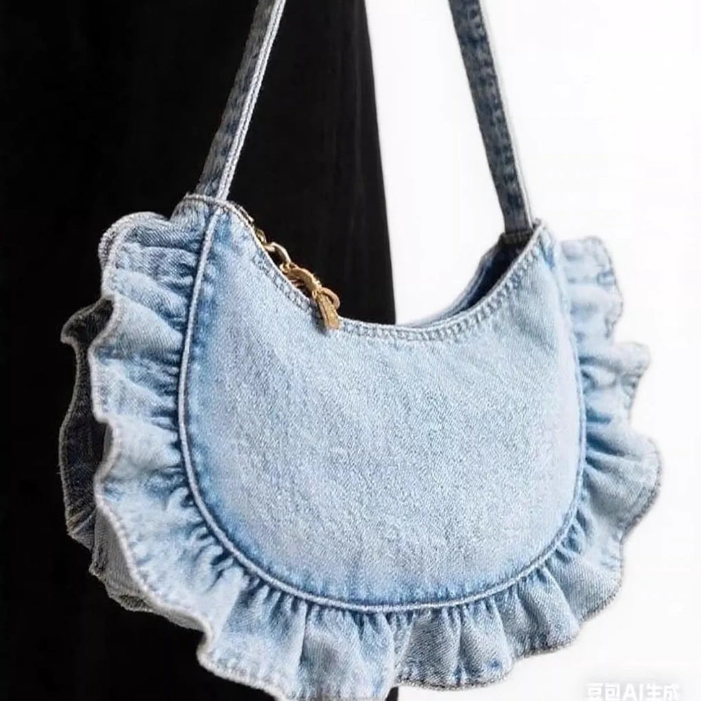 Denim blue polyester women's cross-body bag with lace pleating and stitching thread detail