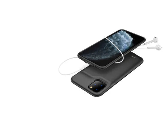 Shockproof silicone iPhone battery charger case in black, showing phone model compatibility list and high capacity rating.