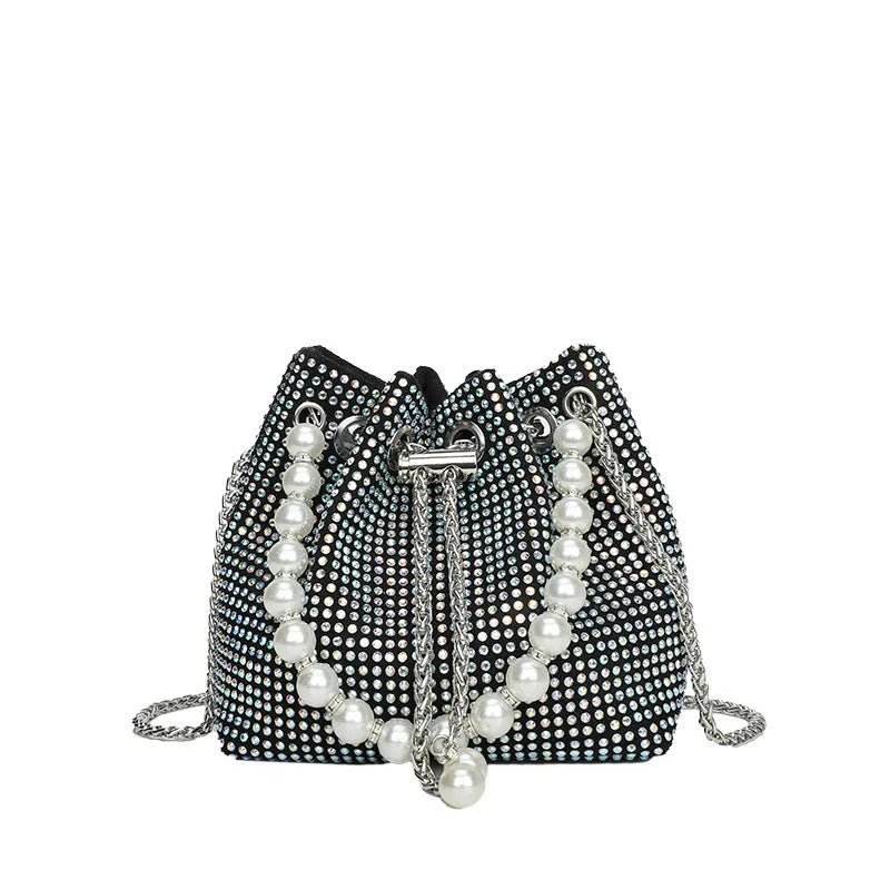 Western style diamond pattern PU leather crossbody bucket bag in black, showing chain strap and external pockets.