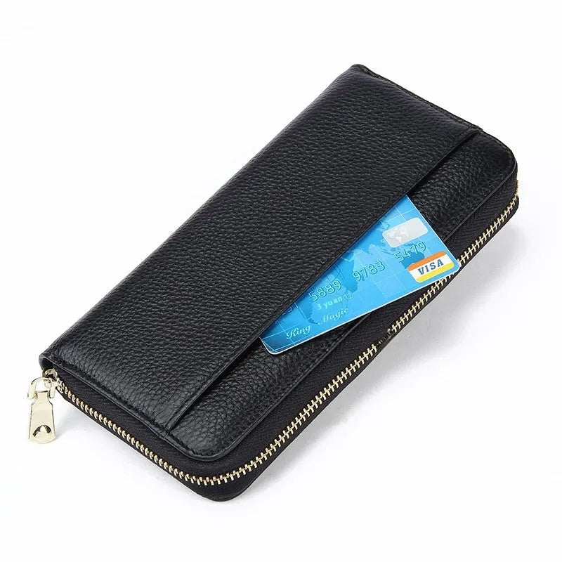 Long genuine leather women's wallet showing interior organisation and RFID protection feature