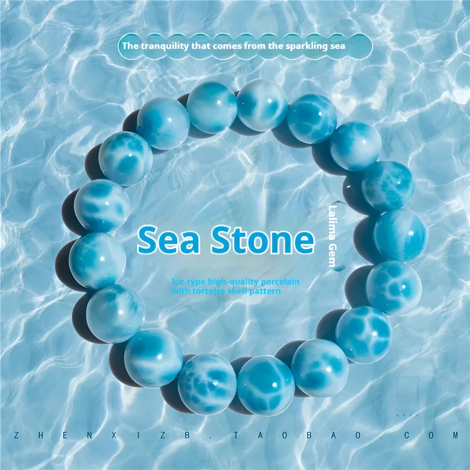 Blue handcrafted bodhi bracelet with sea-pattern crystal stones and pearl accents on a neutral background.
