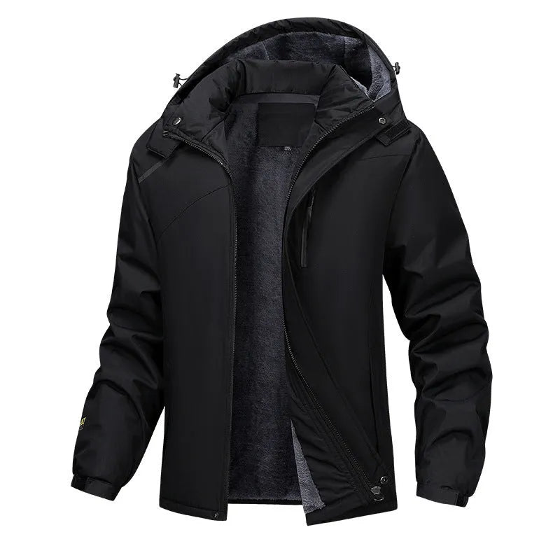 Men's army green plus size waterproof hooded coat on a hanger