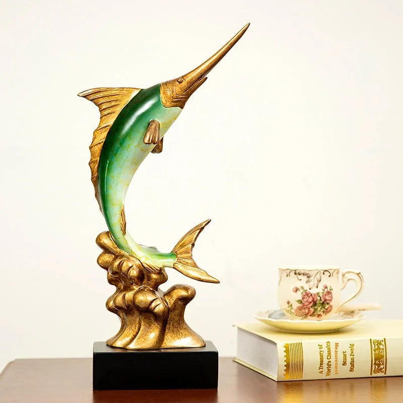 European style swordfish resin plastic decoration in ocean green, lake blue, coral red, or bright gold colour options