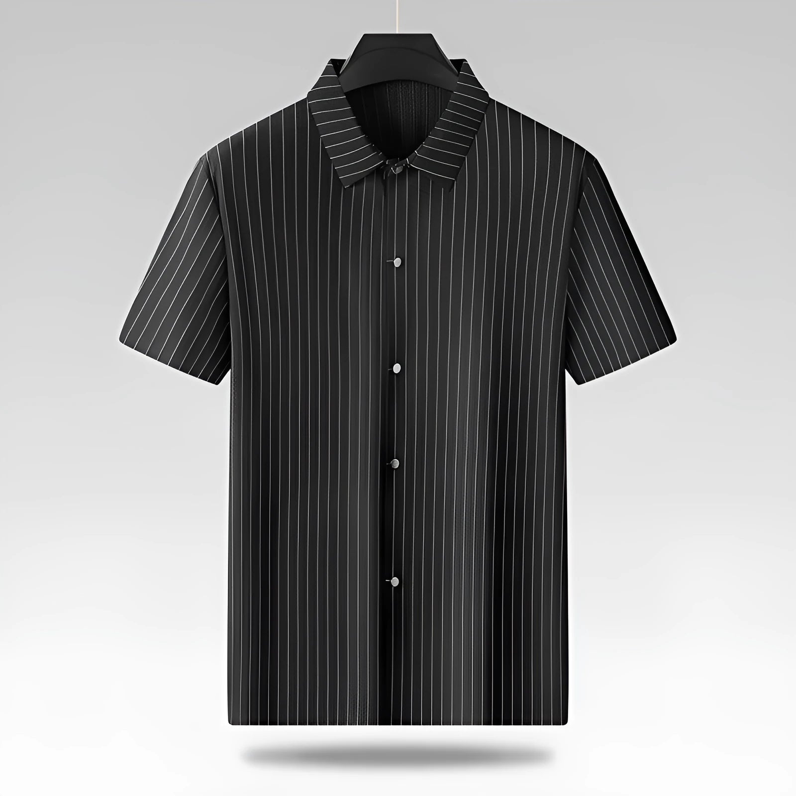 Man wearing a plus size loose fit black striped cardigan shirt with a square collar.