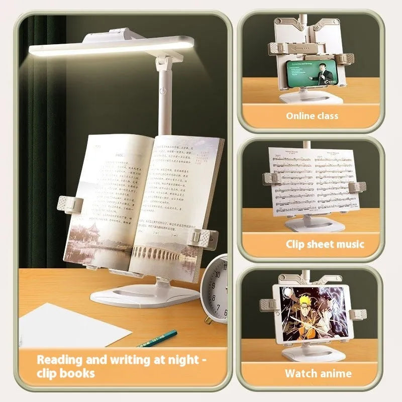 Multifunctional adjustable desk lamp with a built-in bookshelf shelf and three-speed colour temperature control.