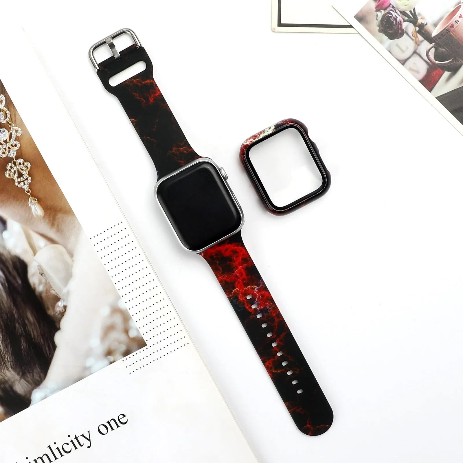 Printed silicone Apple Watch compatible strap shown in multiple design styles for 38mm 40mm 42mm 44mm cases.