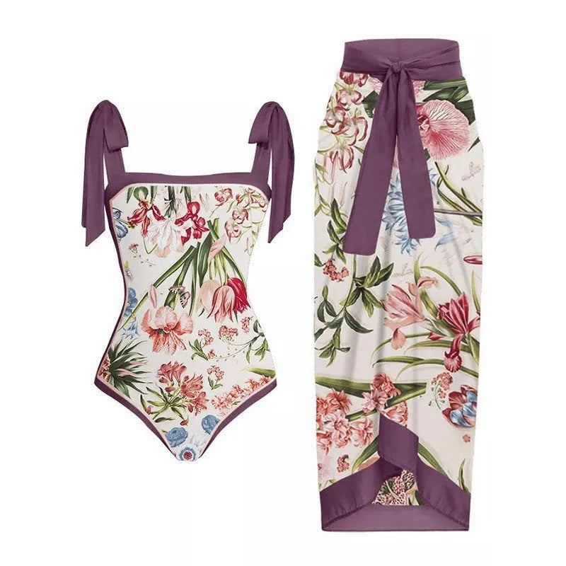 Women's retro one-piece swimsuit with chiffon skirt in floral pattern design