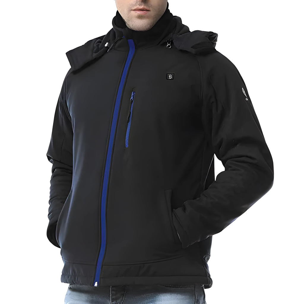 Black men's waterproof winter coat with USB heating port on chest and straight hem.