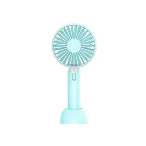 Blue handheld and desktop mini USB fan with oscillation function on a table.