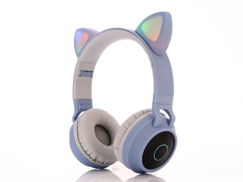 Cartoon cat ears wireless Bluetooth gaming headset showing colour options including pink, light blue, purple, skin tone, and green