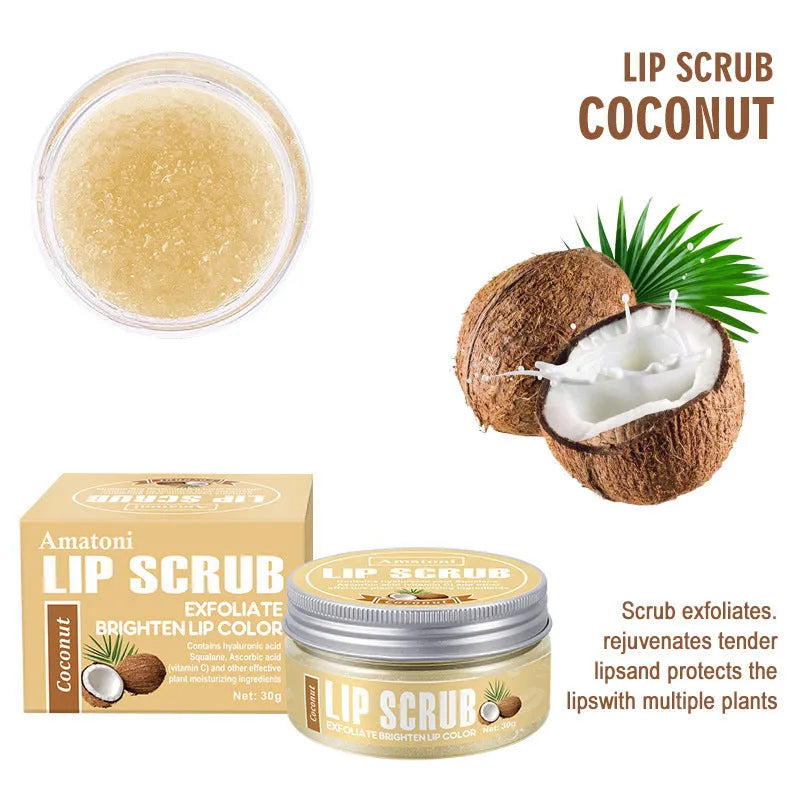 Amatoni lip scrub pot with fruit flavours including coconut, raspberry, vanilla, and watermelon