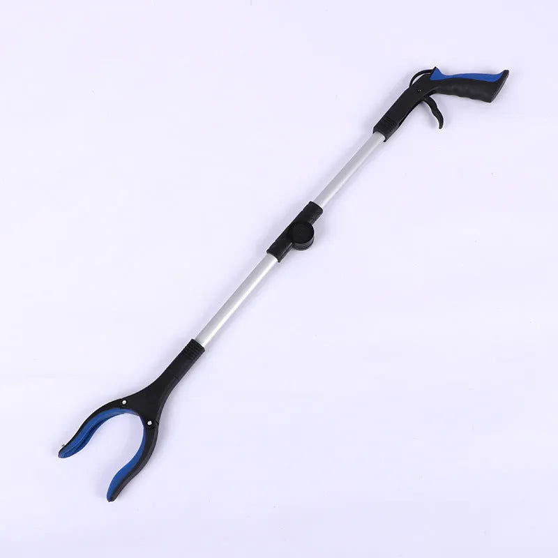 Foldable aluminium garbage clamp with blue handle and magnet sucker, shown extended and collapsed.
