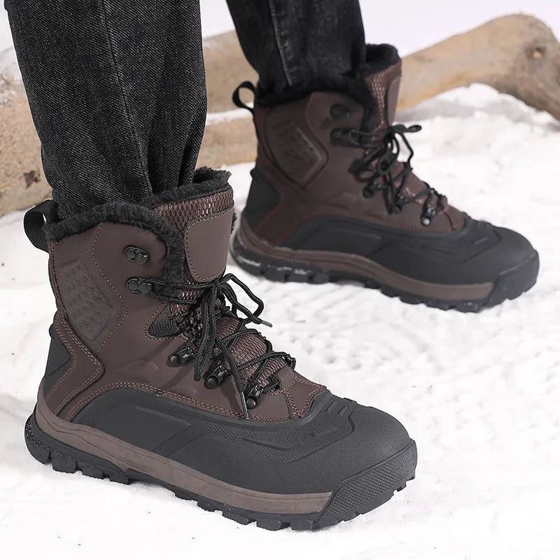 Men's black fleece-lined high-top boots with lace-up front and ribbed TPR sole
