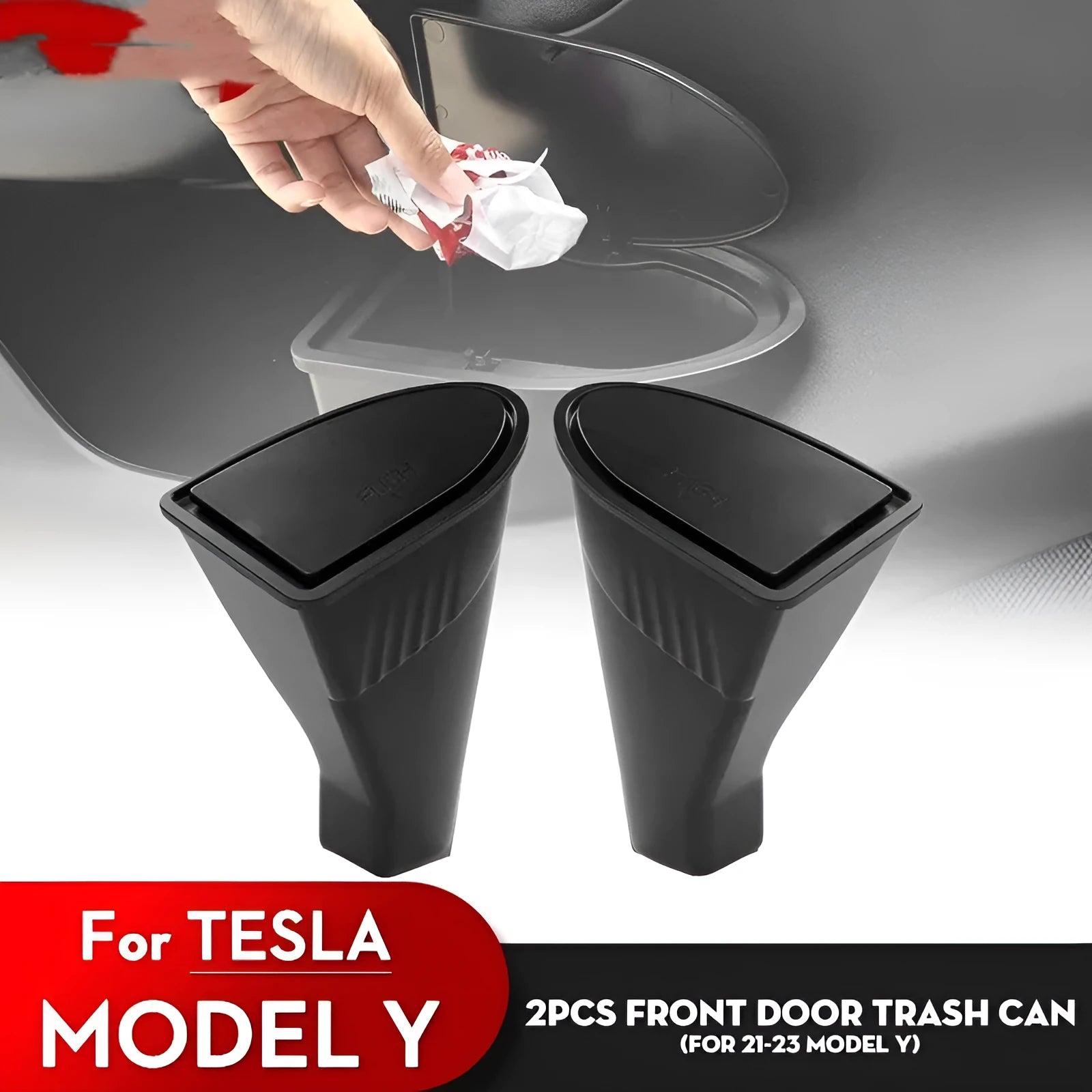 Black car door storage boxes for Tesla Model Y front doors, waterproof ABS construction