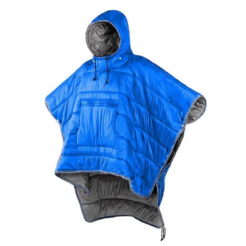 Adult-sized outdoor wearable sleeping bag cloak in Army Green colour showing convertible design