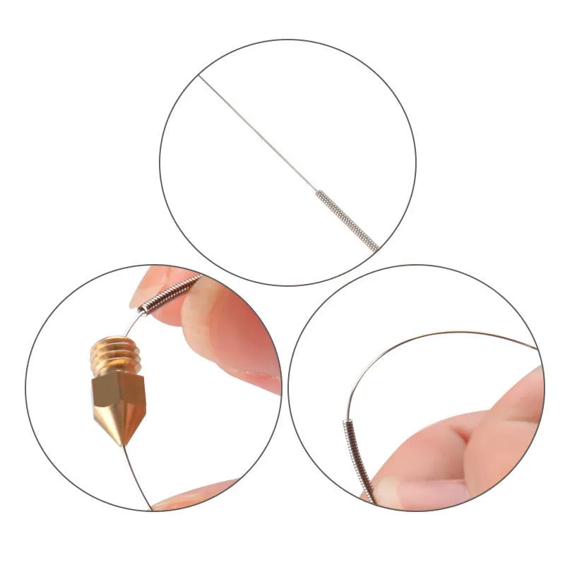 Ten metal cleaning needles for Mk8 E3D 3D printer nozzles with diameter size options shown