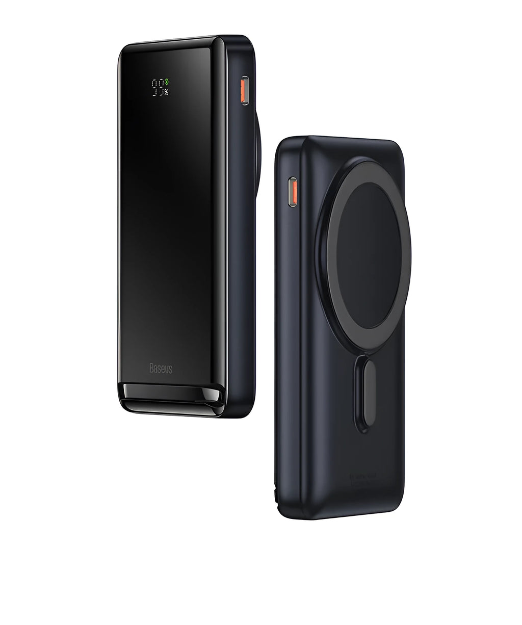 Slim blue magnetic power bank with wireless charging surface, shown next to its included USB cable.