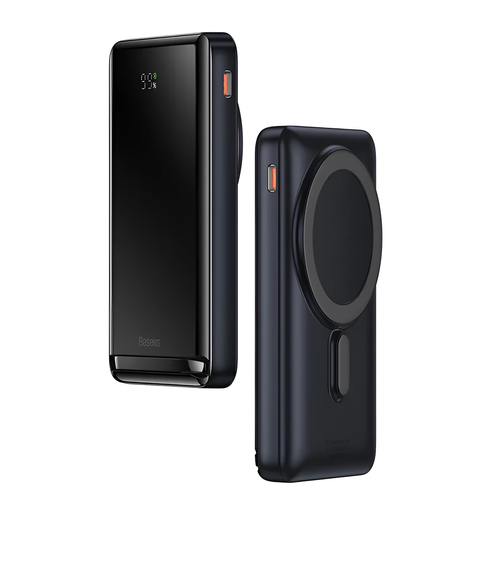 Slim blue magnetic power bank with wireless charging surface, shown next to its included USB cable.