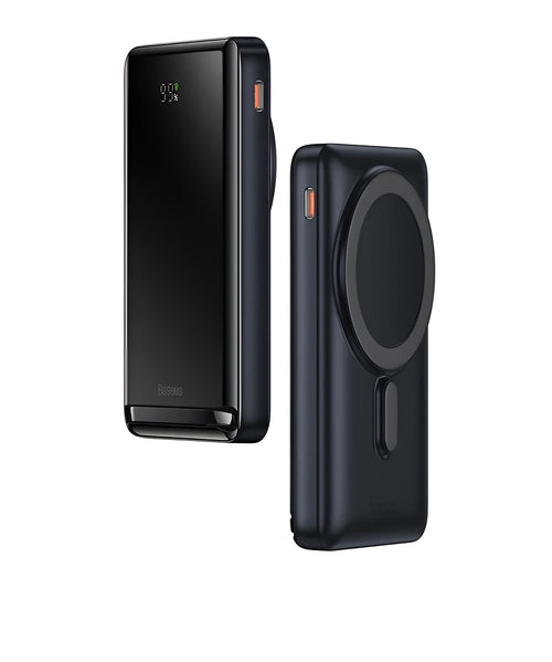 Slim blue magnetic power bank with wireless charging surface, shown next to its included USB cable.
