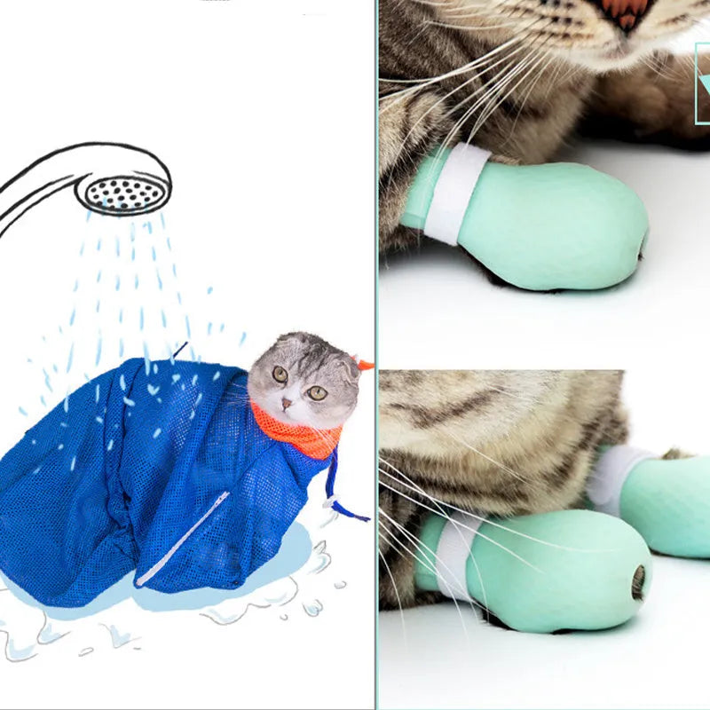 Green silicone cat paw covers with straps for scratch protection during washing and medical procedures