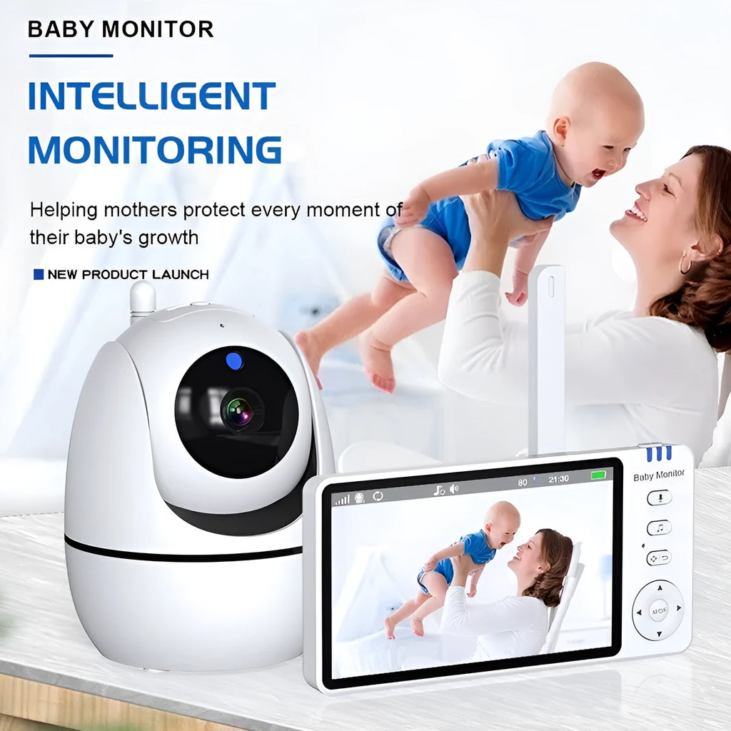 White HD wireless baby monitor with 5-inch screen and separate camera on a nursery shelf.