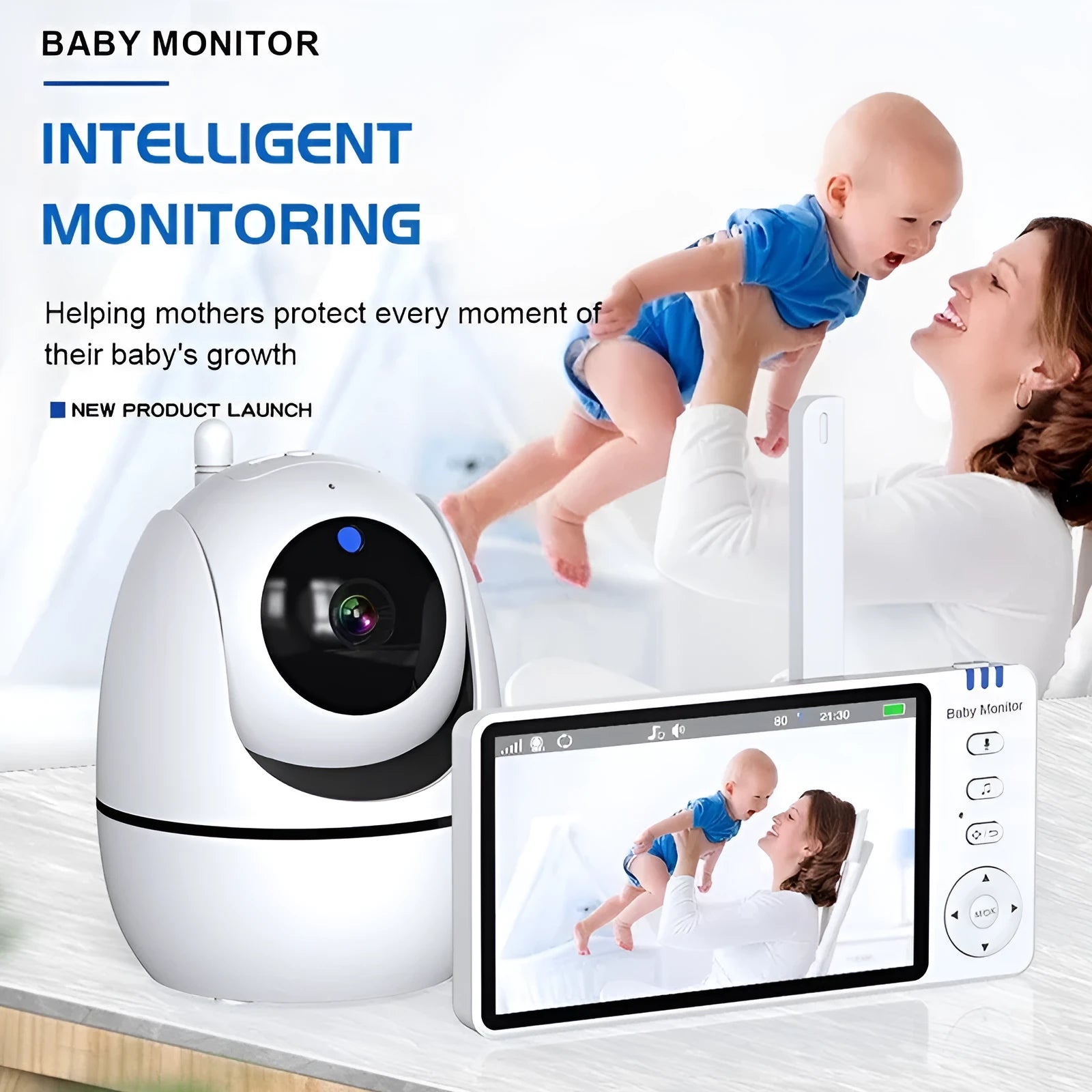 White HD wireless baby monitor with 5-inch screen and separate camera on a nursery shelf.